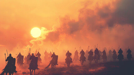 Warriors fighting on foggy sunset background in a medieval battle with cavalry and infantry