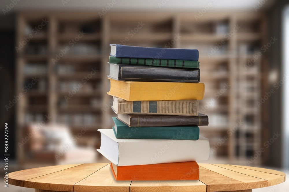 Wall mural stack of reading books at library background