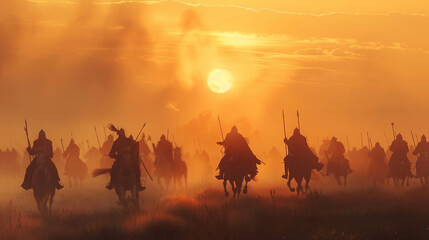 Fototapeta premium Warriors on foggy sunset fighting in a medieval battle with cavalry and infantry
