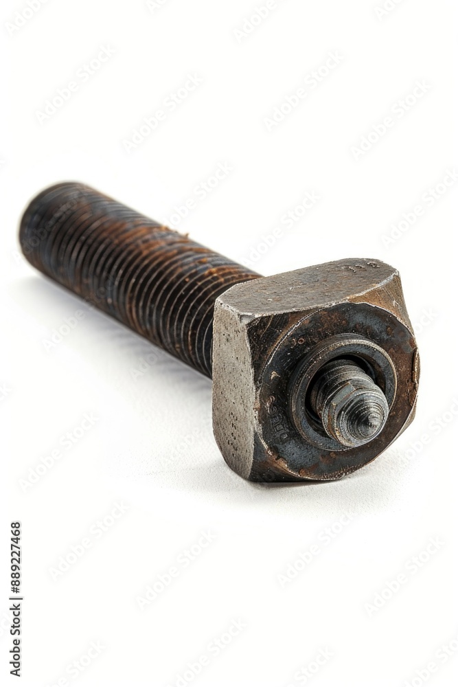 Poster a close-up of a bolt and nut on a white background, ideal for use in diy or technical illustrations