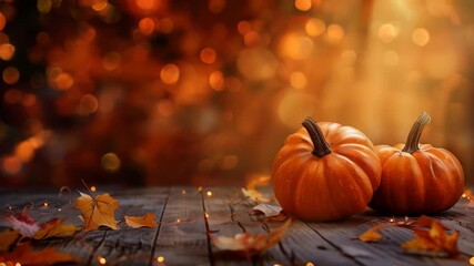 HD video showcasing two pumpkins on a wooden table with bokeh lights and autumn leaves, radiating a warm, cozy fall atmosphere with soft lighting - Powered by Adobe