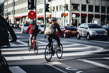 Obraz premium Urban Cyclists Navigating Through City Traffic