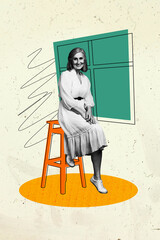Composite trend artwork 3D sketch image photo collage of monochrome aged woman indoor home domestic interior sit chair window view comfy