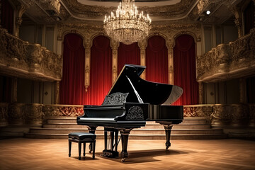 Grand Piano Awaiting Performance in Luxurious Concert Hall