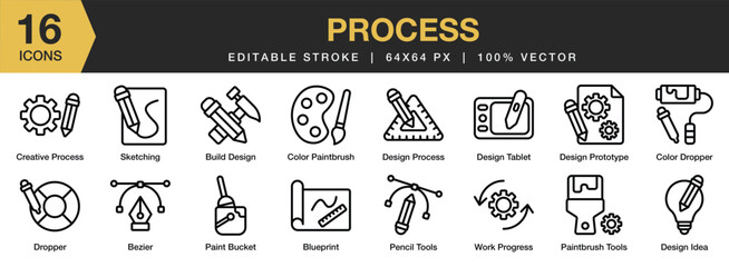 Set of 16 Process icon set. Editable Stroke Icon Collection. Includes bezier, colour dropper, design idea, dropper, pencil tools, and More. Outline icons vector collection.