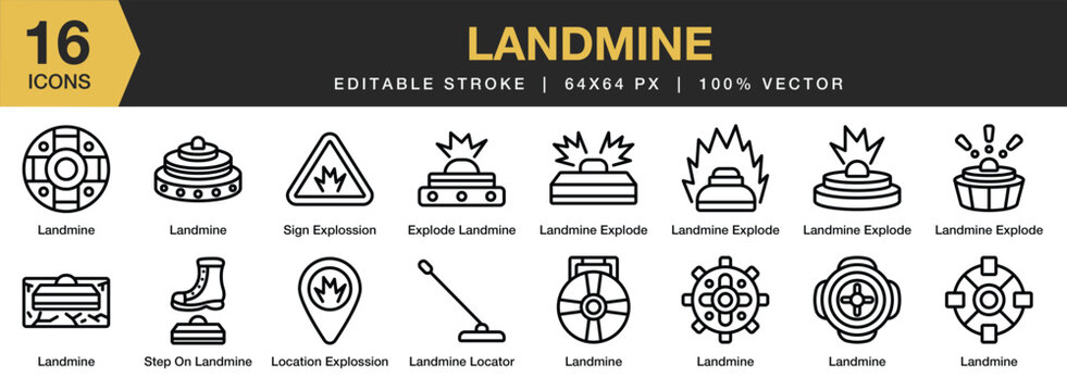 Set of 16 Landmine icon set. Editable Stroke Icon Collection. Includes explode landmine, landmine locator, sign explosion,  and More. Outline icons vector collection.