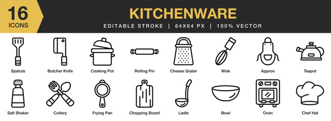 Set of 16 Kitchenware icon set. Editable Stroke Icon Collection. Includes rolling pin, salt shaker, spatula, fraying pan, cutlery, chef hat, and More. Outline icons vector collection.