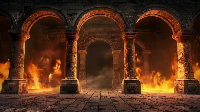 Dark stone archways with flames and eerie lighting
