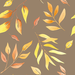 Boho gold leaves pattern seamless. Watercolor illustration of floral elements hand painted. Autumn dried plants in vintage colors on brown background