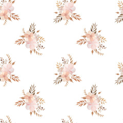 Boho flowers and leaves pattern seamless. Watercolor illustration of floral elements hand painted. Autumn dried plants in vintage colors on white background