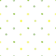 Green and yellow dots on white background. Watercolor seamless simple kids pattern hand painted