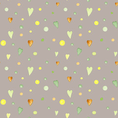 Green, yellow and brown hearts on grey background, simple kids seamless pattern