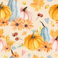 Watercolor autumn seamless pattern with hand drawn pumpkins, autumn leaves for autumn decoration
