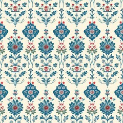 Exquisite Floral Pattern Wallpaper Design in Elegant Blue and Red Tones