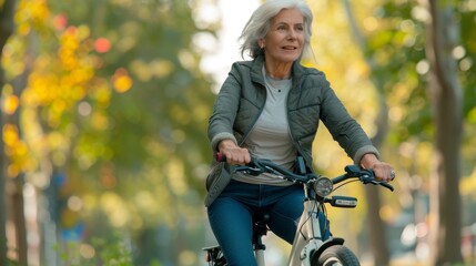 Naklejka premium Active Senior Woman Enjoying Bicycle Ride in Autumn Park