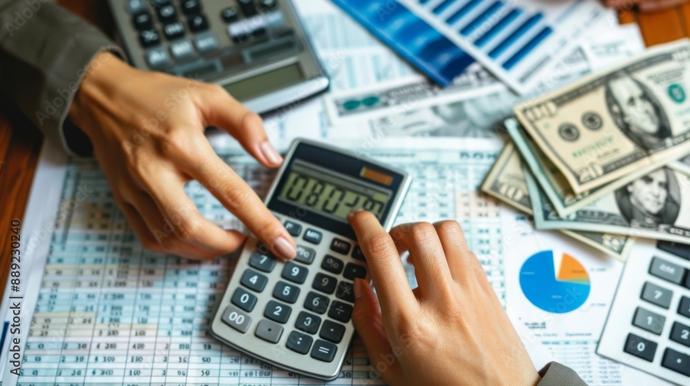 Poster close-up of hands counting money with a calculator and financial reports spread out on a desk.