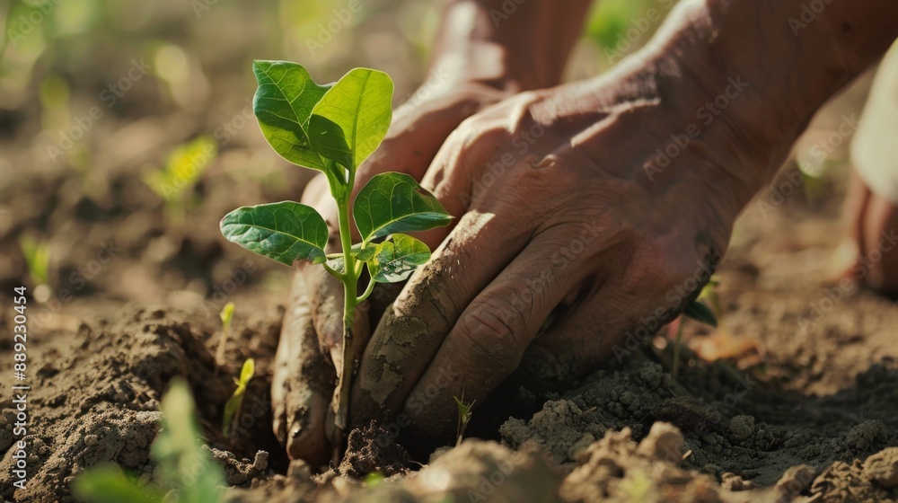 Poster close-up of hands planting a young tree as part of reforestation efforts to combat global warming.