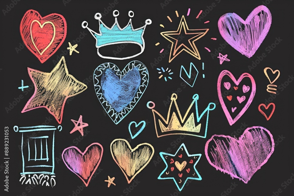 Wall mural Decorations on a blackboard with hearts, stars, and crowns for math homework or lesson plans