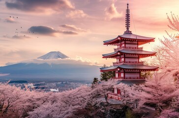 Obraz premium Cherry Blossoms and Mt. Fuji at Dusk