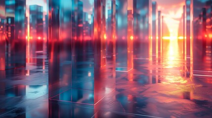 Fototapeta premium Glass Pillars Reflecting Sunset Over Cityscape