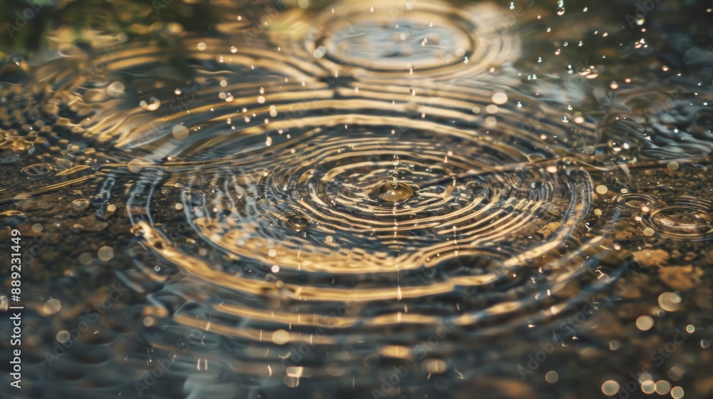 Aufkleber Close-up of raindrops splashing on a puddle, creating ripples on the surface of the water.