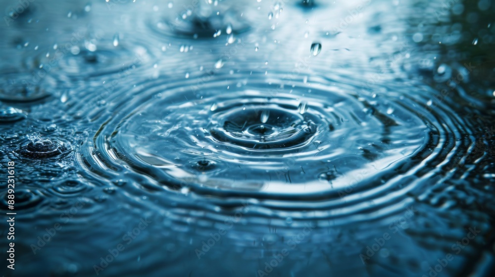 Aufkleber Close-up of raindrops splashing on a puddle, creating ripples on the surface of the water.