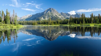 Fototapeta premium A serene mountain landscape with a clear lake reflecting the surrounding forest and peaks under a bright blue sky.