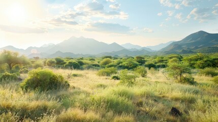 Beautiful panoramic view of an African savanna with lush green vegetation under a golden sunset, showcasing natural beauty and serenity.