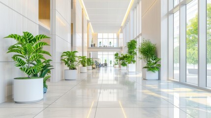 Obraz premium Blurred office hallway with green plants and modern furniture, emphasizing a natural and contemporary workspace.