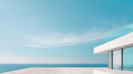 Fototapeta premium Modern minimalist beachfront house with glass windows and ocean view under a clear blue sky, exemplifying luxury living and architectural elegance.