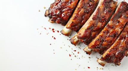 Grilled and seasoned ribs on white background with empty space Picture