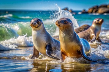 Fototapeta premium Adorable seals frolic and chase each other on a sun-kissed rocky beach, their sleek bodies glistening with seawater as they revel in playful abandon.