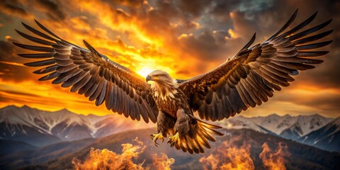 Obraz premium Majestic eagle spreads imposing wings, riding thermals high above, feathers aflame in golden light, piercing gaze scanning the landscape below with regal dominance.