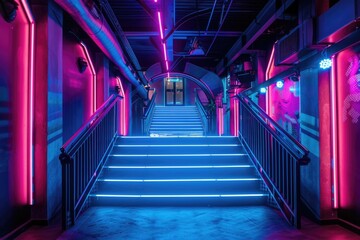 Fototapeta premium A set of stairs in a building illuminated by neon lights, suitable for interior design or architecture projects