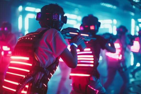 Dynamic Shot of Laser Tag Match with Players in Glowing Neon Lights, Intense Expressions and Futuristic Setting