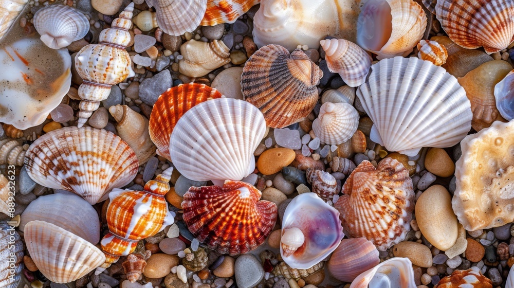 Poster close-up of seashells and coral fragments washed up on the beach at low tide.
