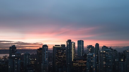 Fototapeta premium Stunning sunset over a modern city skyline with high-rise buildings and a colorful sky, perfect for urban and travel photography.