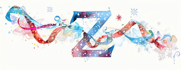 Watercolor painting of the letter Z adorned with Christmas ribbons and winter snowflakes