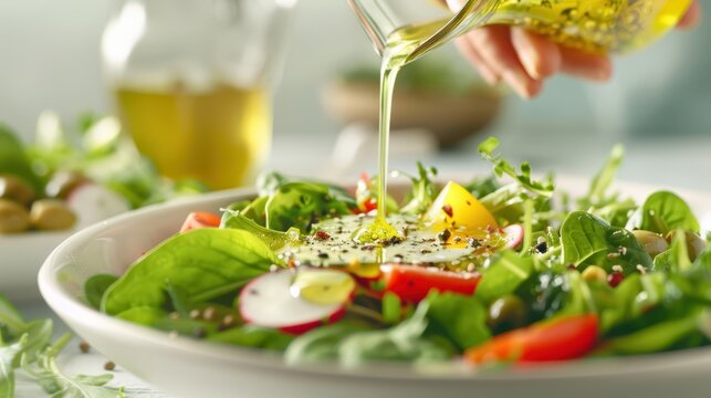 A close-up of a fresh salad being drizzled with olive oil, highlighting healthy ingredients. Concept: nutritious meal.