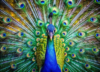 Fototapeta premium Vibrant closeup of majestic peacock spreading colorful plumage, iridescent blues and emerald greens shining in stunning 8k ultra-high definition photo, nature's beauty showcased.