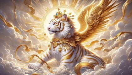 Heavenly Predator: Winged White Tiger with Gold Adornments