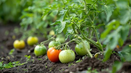 Close-up of tomato plants with green and ripe tomatoes growing in a garden bed.