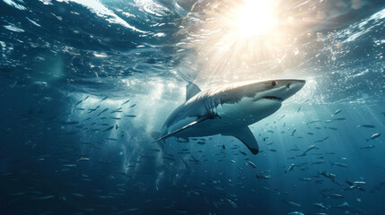 Fototapeta premium Majestic shark moving through the ocean with small fishes in its wake