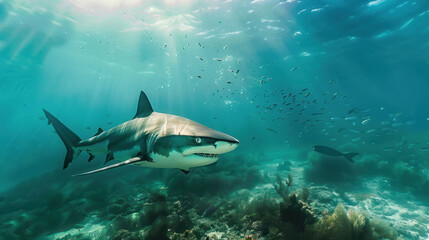 Fototapeta premium Majestic shark moving through the ocean with small fishes in its wake
