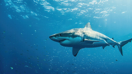 Obraz premium Majestic shark moving through the ocean with small fishes in its wake