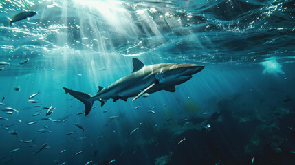 Fototapeta premium Majestic shark moving through the ocean with small fishes in its wake