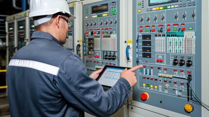 A worker wearing a hard hat and safety glasses uses a tablet to monitor a control panel in a factory setting