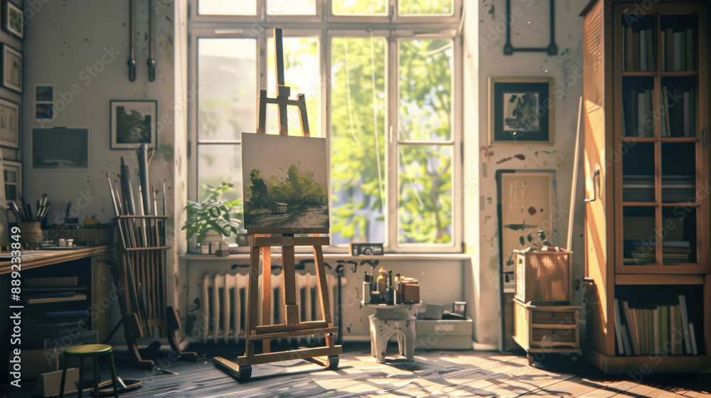 Wall mural Modern artist's studio with a wooden easel near a large window, highlighting an inspiring and well-lit workspace