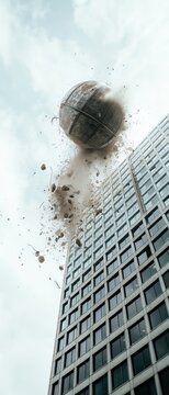 A wrecking ball hits a tall building, causing debris and dust to scatter in the sky against a cloudy backdrop.