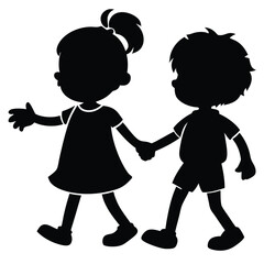 boy and girl holding hands, vector black color silhouette, isolated white background. 